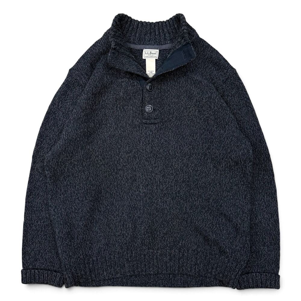 L.L.Bean Cotton Ragg Button Mock Neck Sweater Dark Charcoal Gray Large 1/4 Zip
